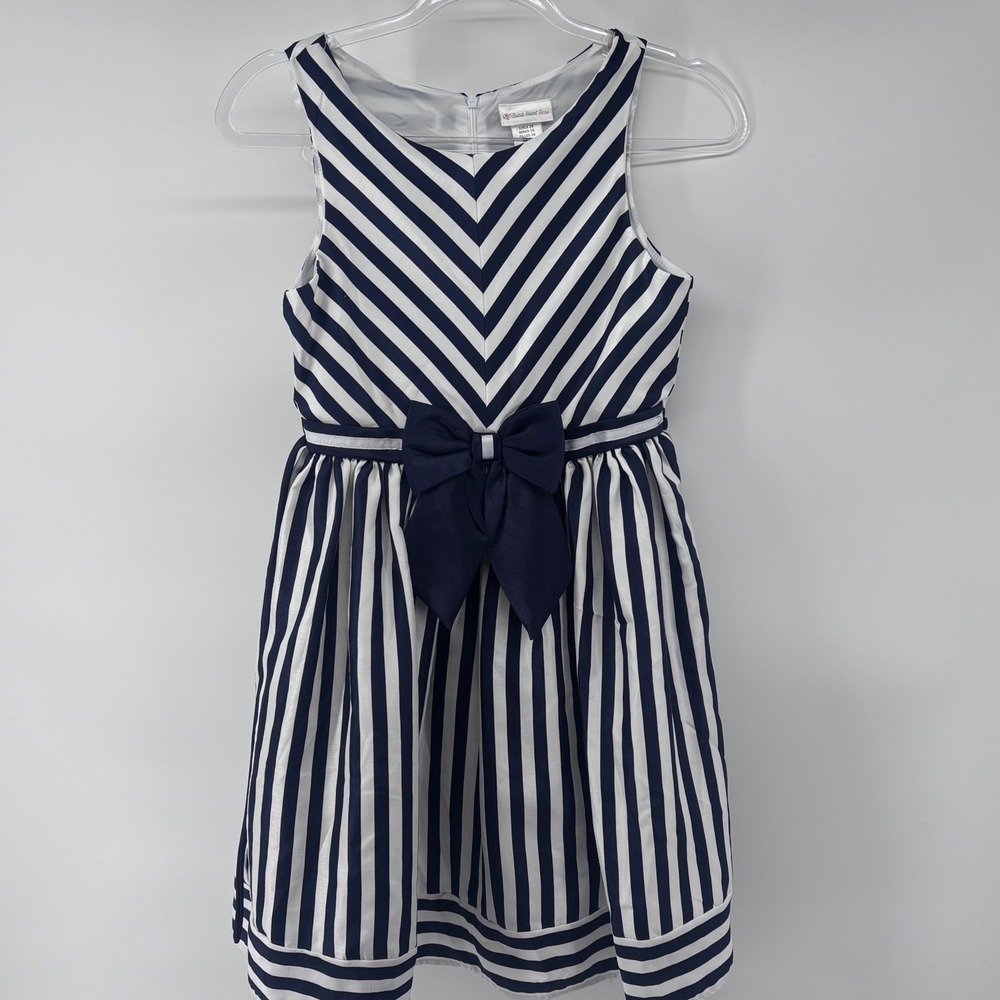 Girls Sweet Heart Rose Dress, Size 16,‎ Navy Blue White Striped Bow Party